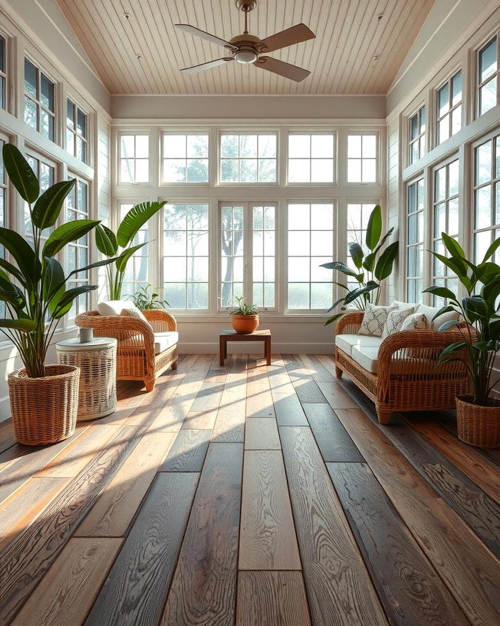 Reclaimed Wood Flooring for Authentic Character - 25 Rustic Sunroom Ideas