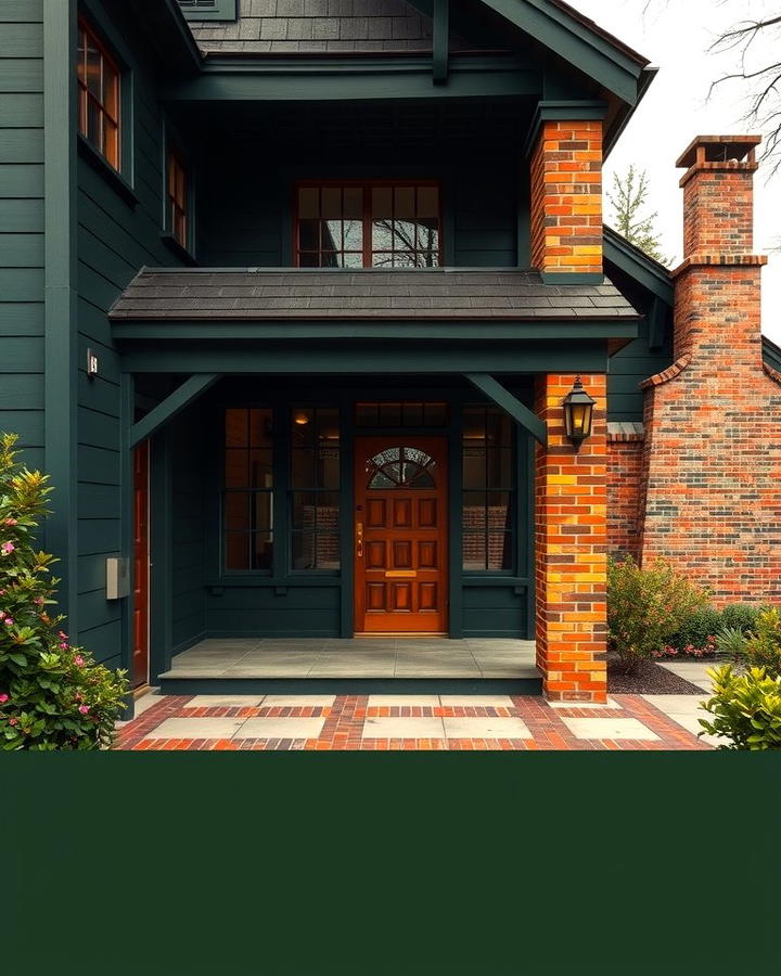 Red Brick Accents - 30 Dark Green Exterior Ideas