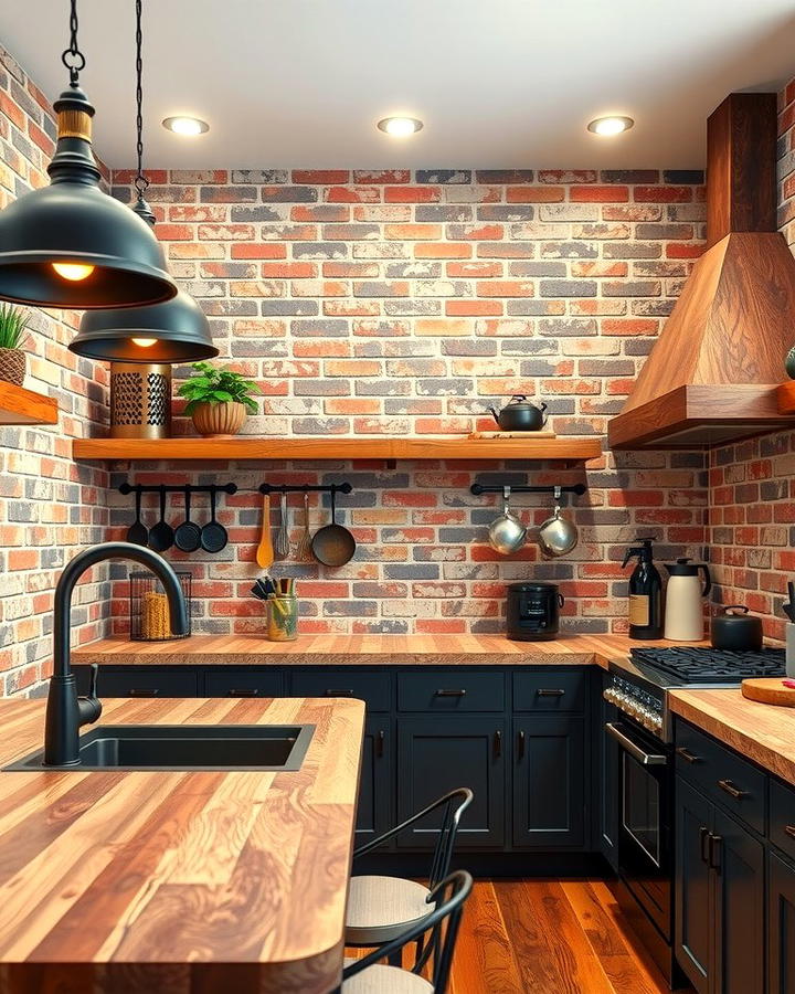 Red Brick Walls with Black Accents - 25 red and black kitchen ideas