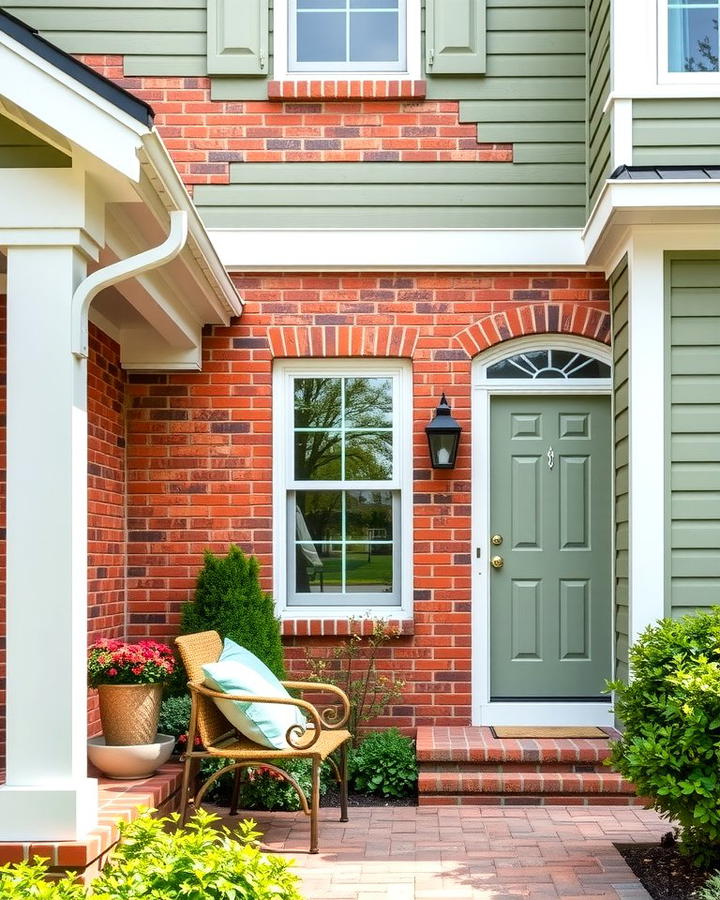 Red Brick with Sage Green Vinyl Siding - 25 Vinyl Siding and Brick Combinations