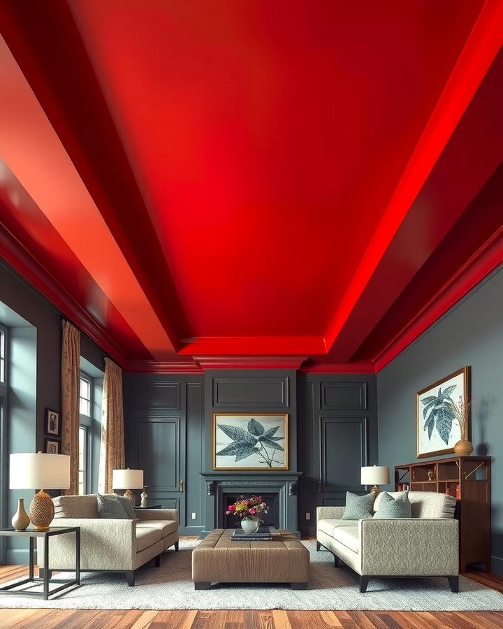 Red Ceiling with Grey Walls - 25 Red and Grey Living Room Ideas