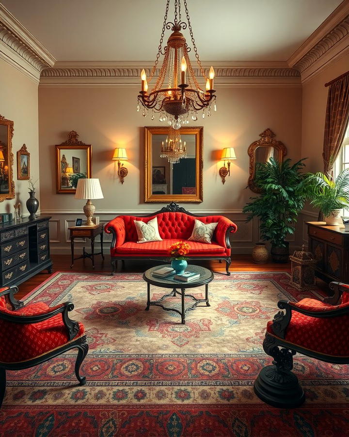 Red Couch in a Vintage Inspired Living Room - 25 Red Couch Living Room Ideas