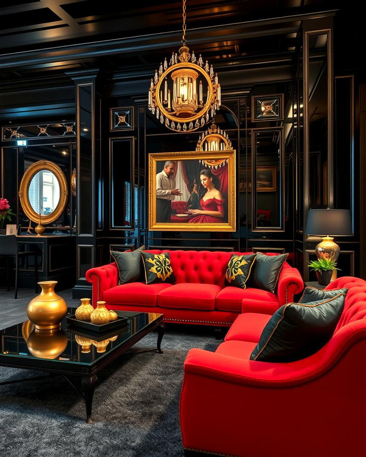 Red Couch with Black and Gold Accents - 25 Red Couch Living Room Ideas