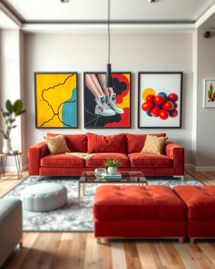 Red Couch with Bold Artworks - 25 Red Couch Living Room Ideas