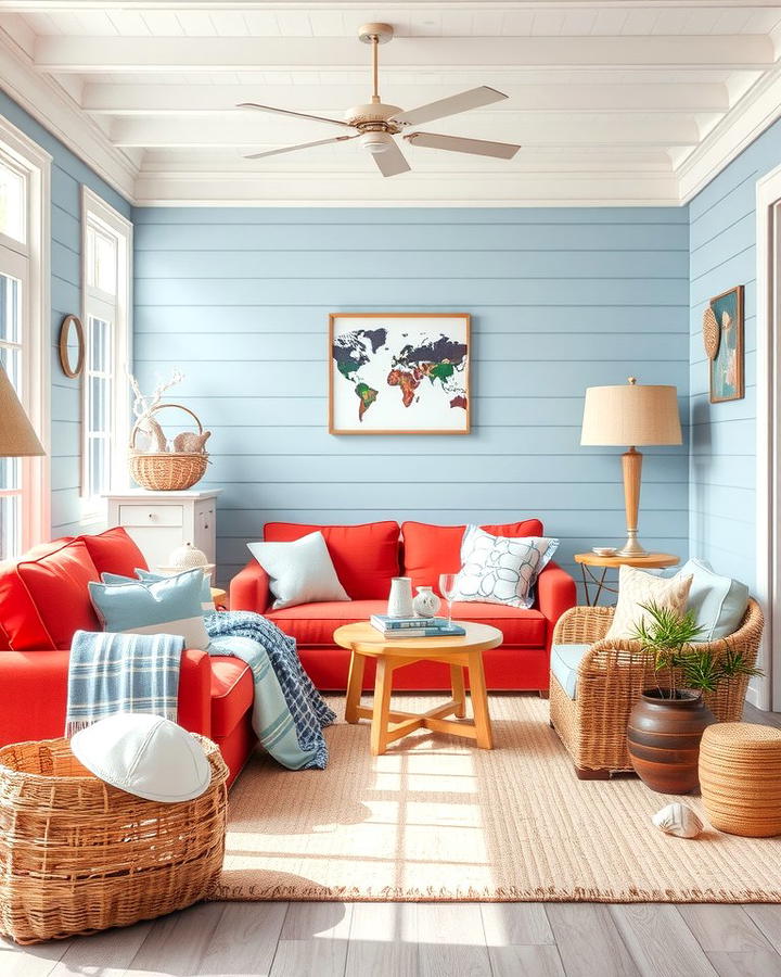 Red Couch with Coastal Decor - 25 Red Couch Living Room Ideas