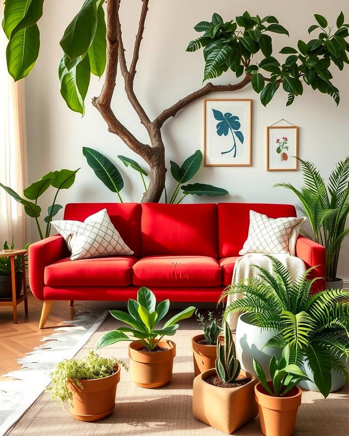 Red Couch with Greenery Accents - 25 Red Couch Living Room Ideas