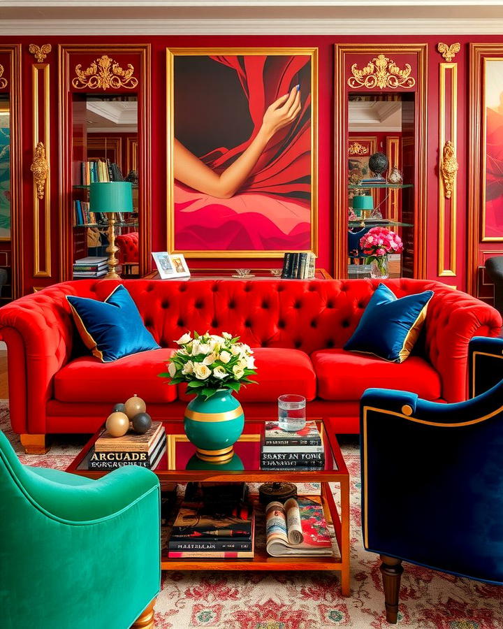 Red Couch with Jewel Toned Accents - 25 Red Couch Living Room Ideas