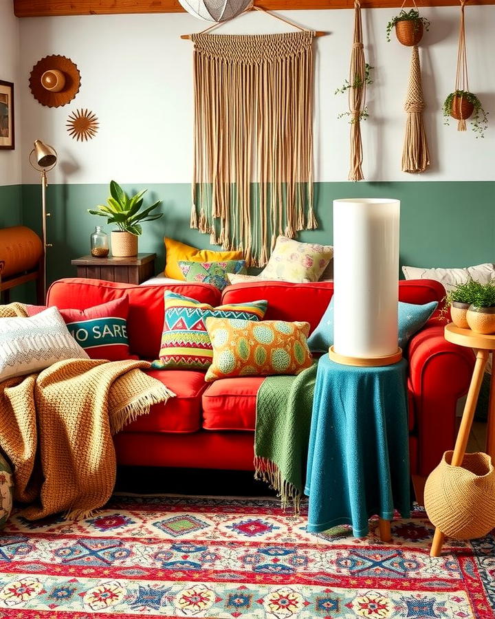 Red Couch with Vibrant Bohemian Accents - 25 Red Couch Living Room Ideas