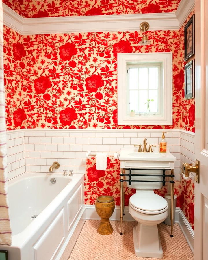 Red Floral Wallpaper 2 - 25 Red Bathroom Ideas