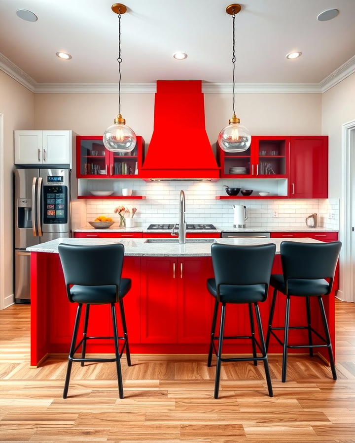 Red Island with Black Bar Stools - 25 red and black kitchen ideas