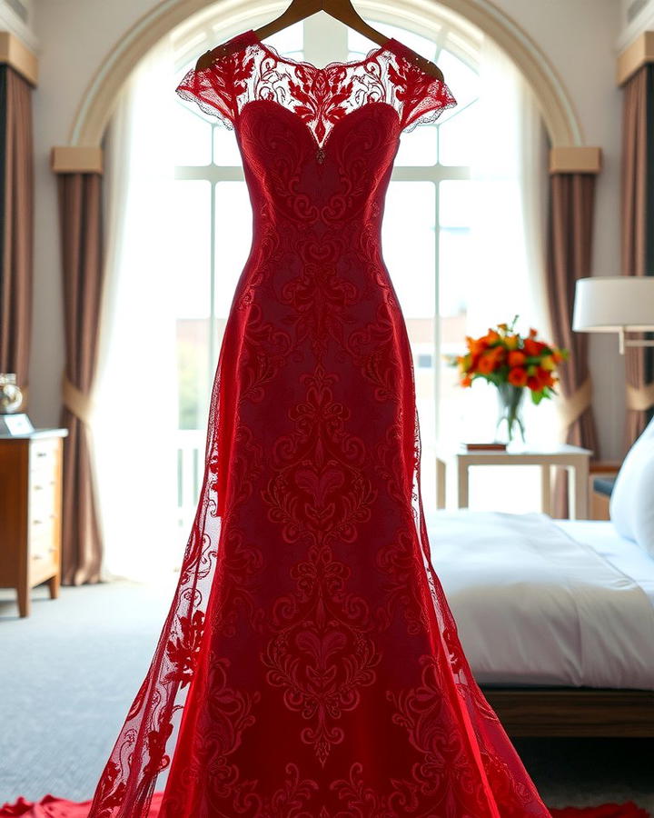 Red Lace Wedding Dress - 30 Red Wedding Theme Ideas