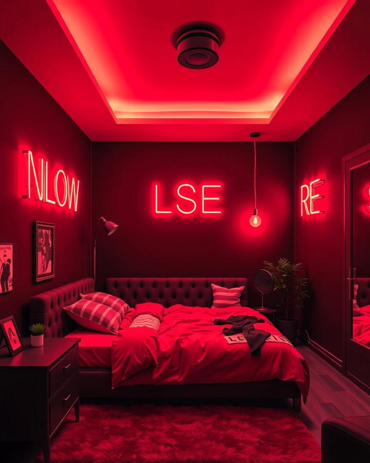 Red Neon Signs with Black Walls - 25 Red and Black Bedroom Ideas