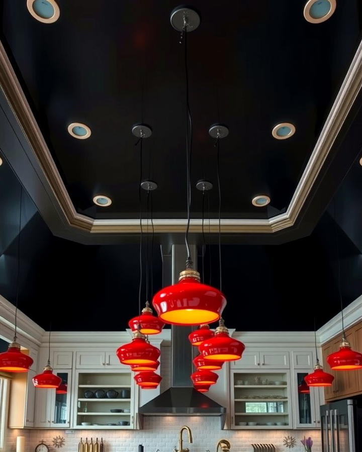 Red Pendant Lights with Black Ceiling - 25 red and black kitchen ideas