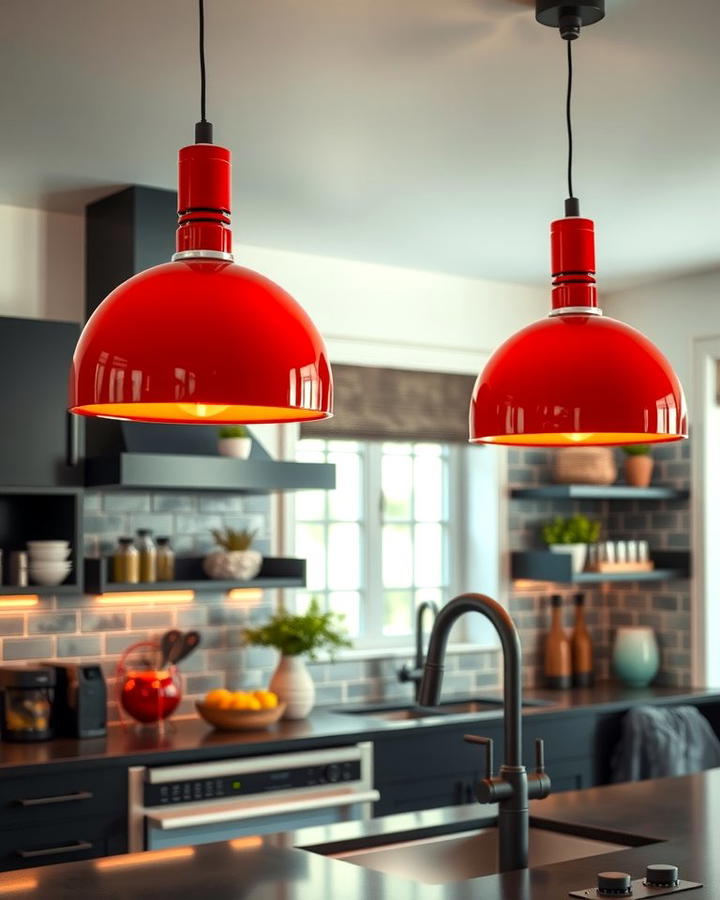 Red Pendant Lights with Black Fixtures - 25 red and black kitchen ideas