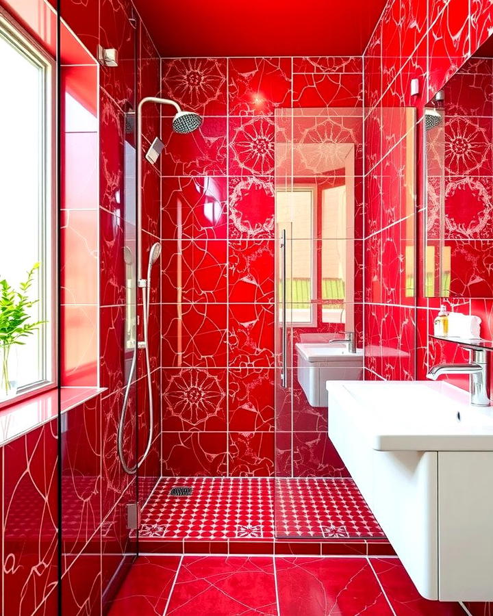 Red Shower Tiles - 25 Red Bathroom Ideas