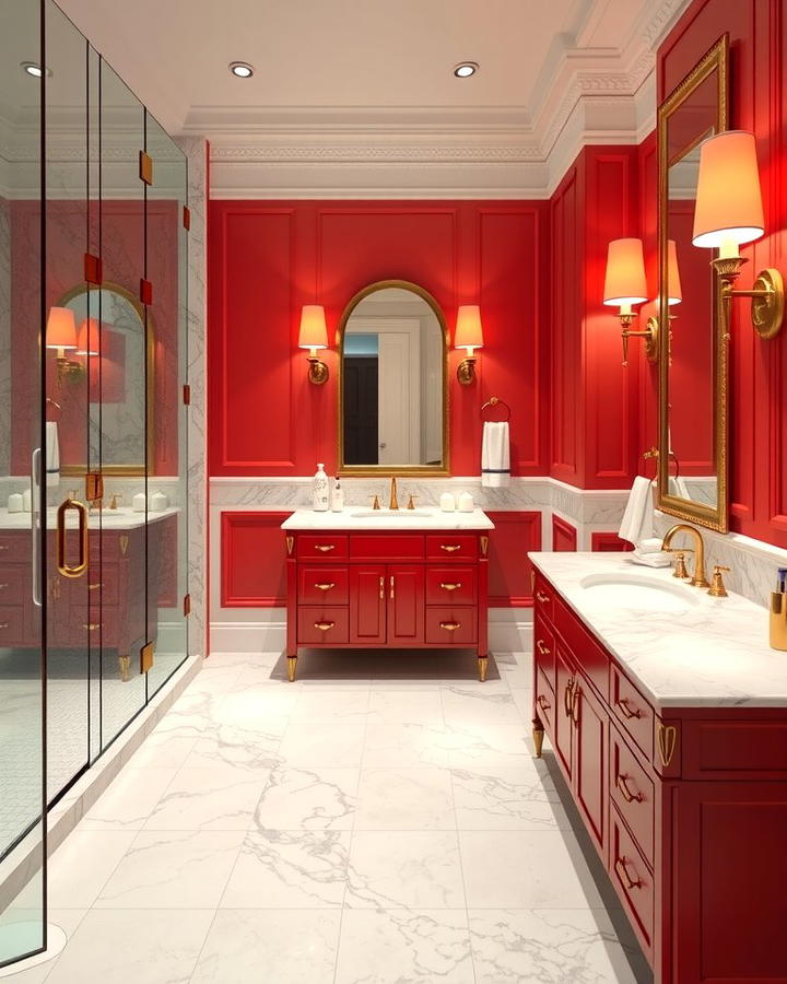 Red Vanity with Marble Countertop - 25 Red Bathroom Ideas