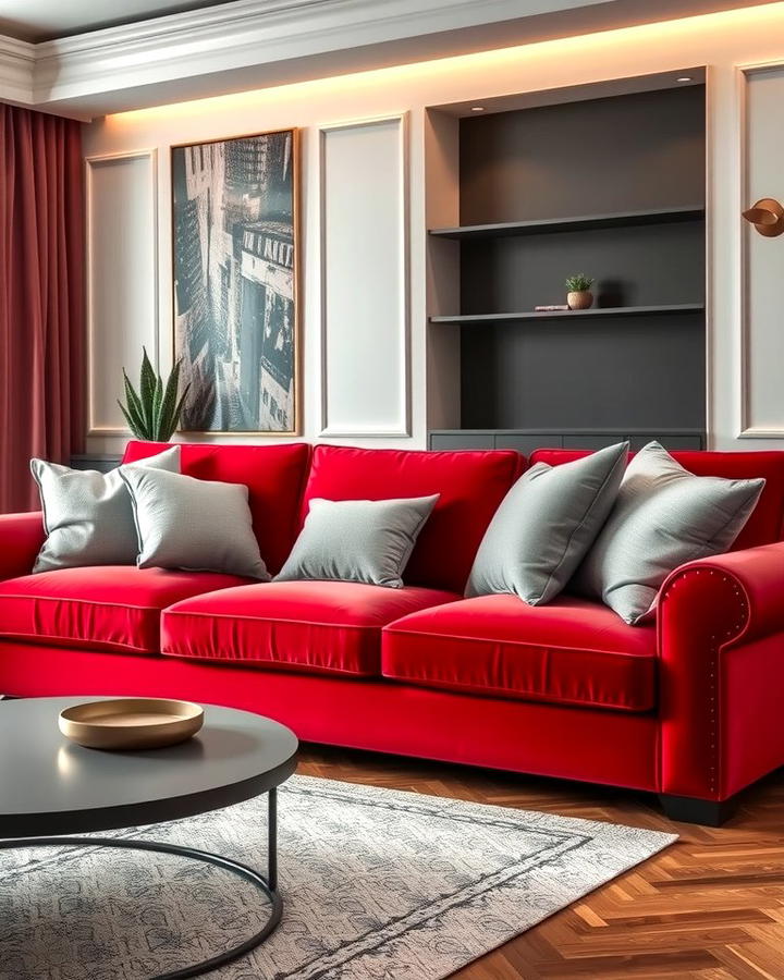 Red Velvet Sofa with Grey Cushions - 25 Red and Grey Living Room Ideas