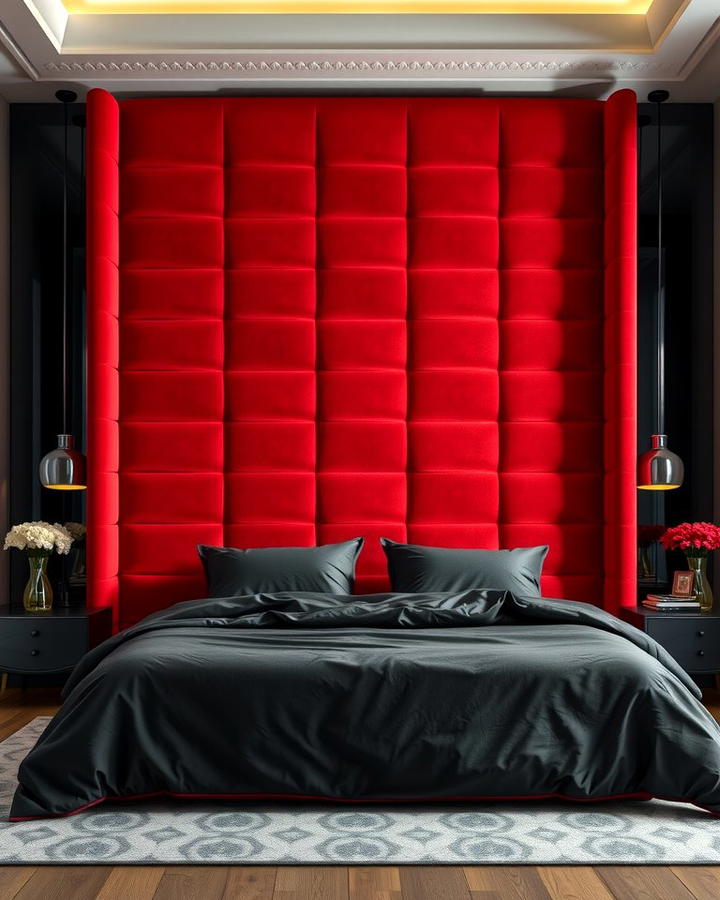 Red Velvet Upholstered Headboard - 25 Red and Black Bedroom Ideas