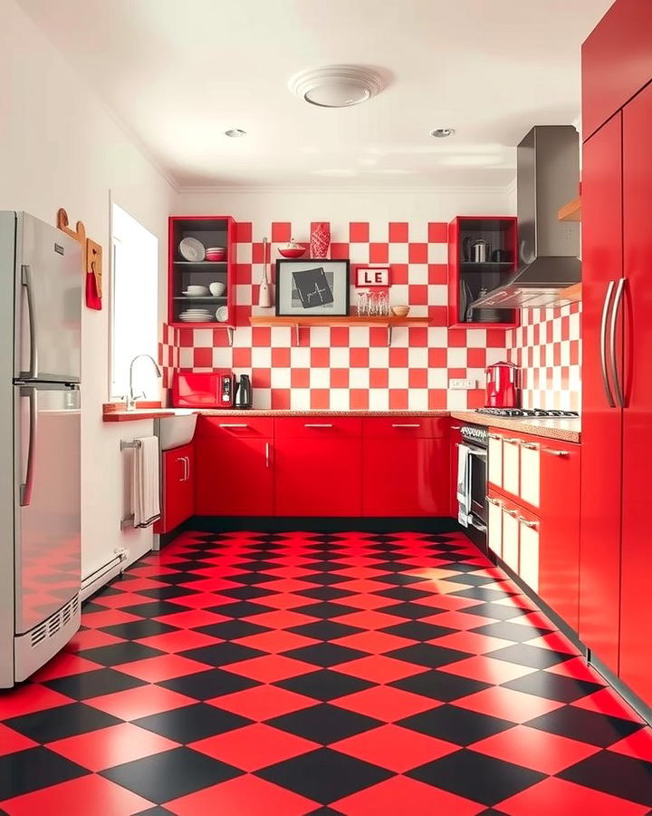 Red and Black Checkerboard Flooring - 25 red and black kitchen ideas