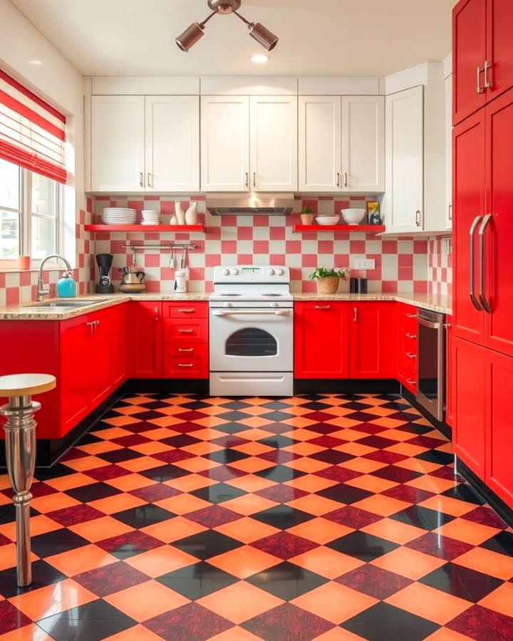 Red and Black Checkered Flooring - 25 red and black kitchen ideas