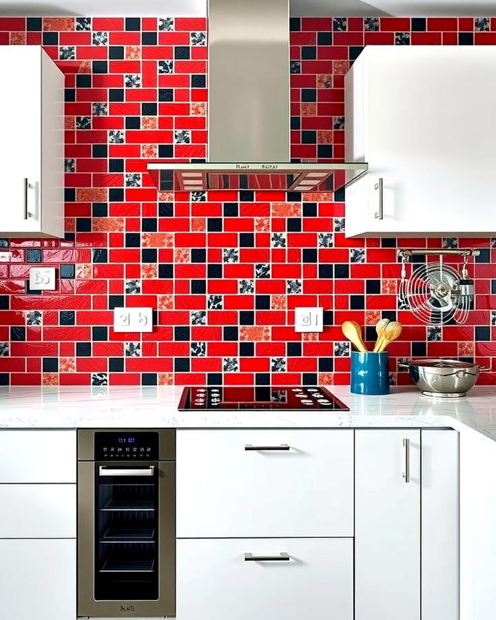 Red and Black Mosaic Tile Accent Wall - 25 red and black kitchen ideas