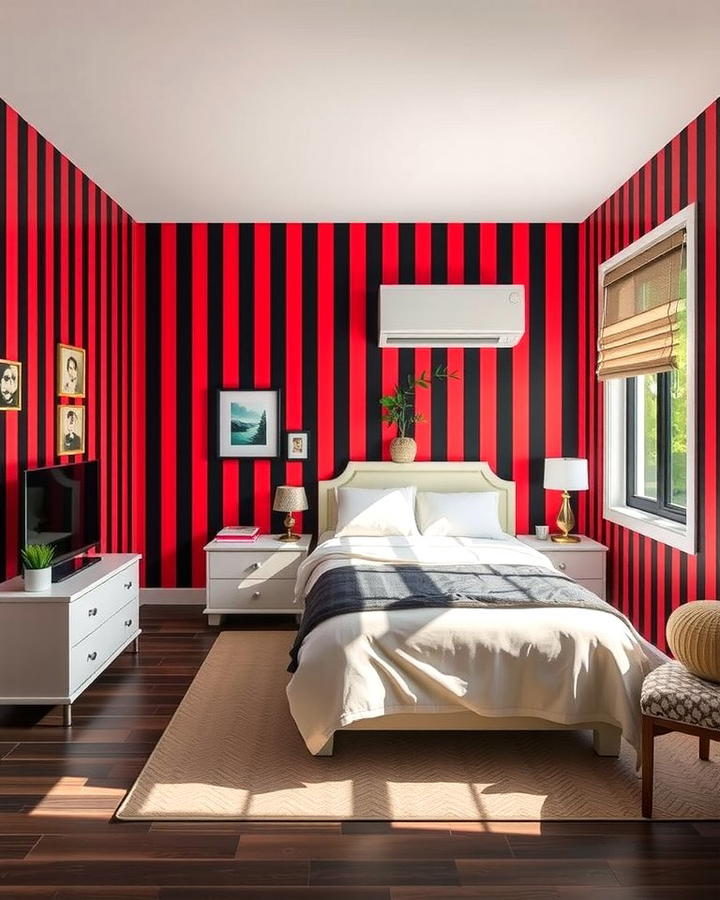 Red and Black Striped Walls - 25 Red and Black Bedroom Ideas