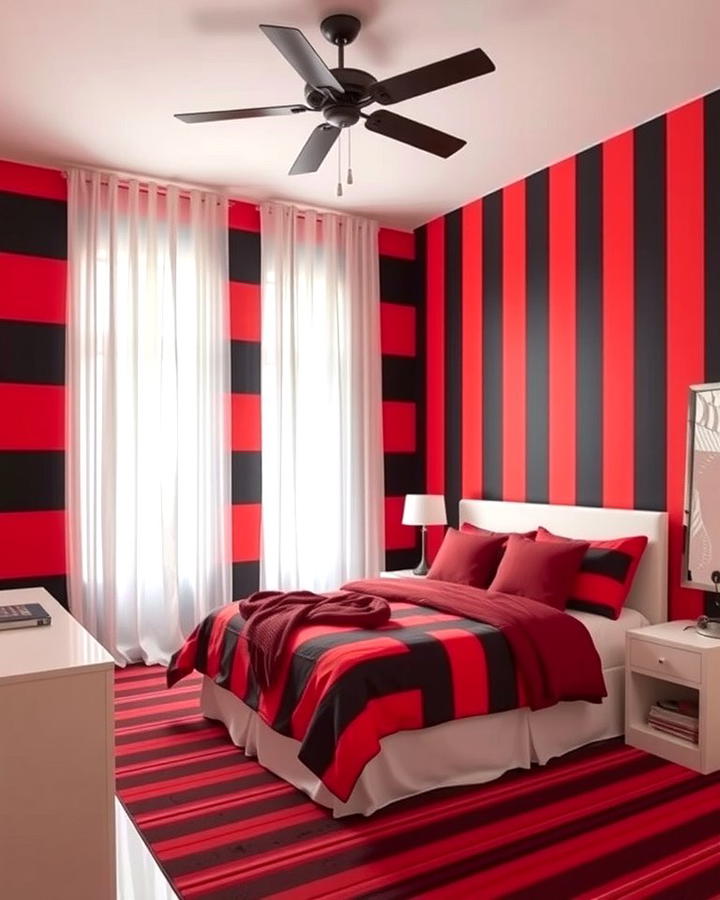 Red and Black Striped Walls - 25 red black and white bedroom ideas