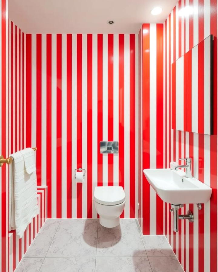 Red and White Striped Walls - 25 Red Bathroom Ideas