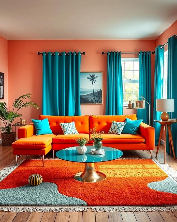 Retro Charm with Orange and Teal - 25 Orange Couch Living Room Ideas