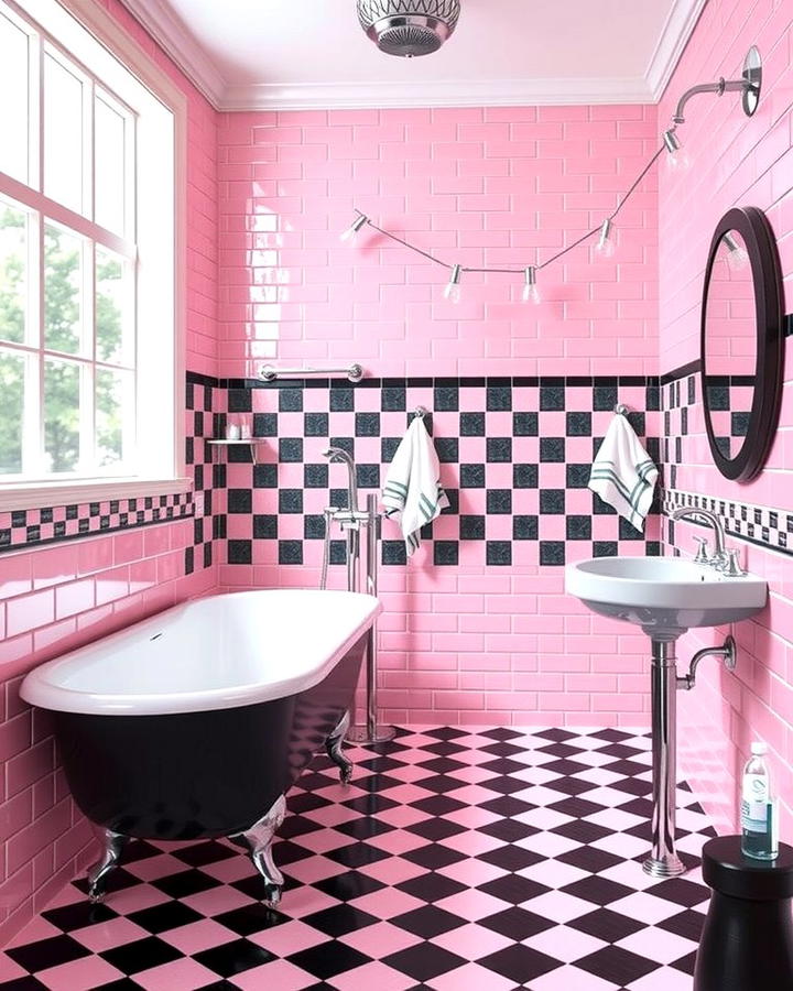 Retro Inspired Pink and Black Tile Design - 25 Pink and Black Bathroom Ideas