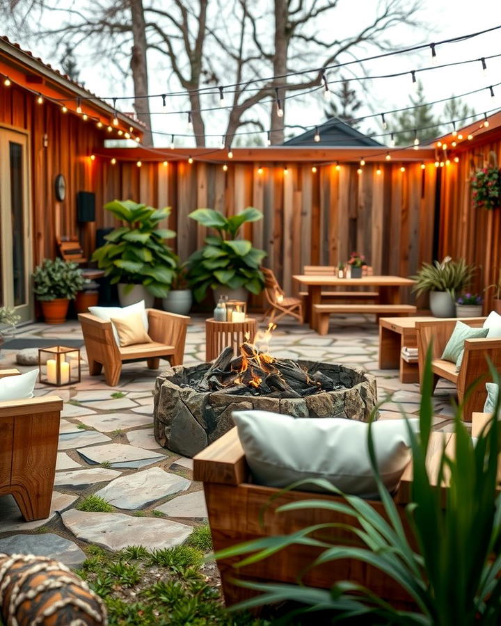 River Rock Fire Pit with Timber Seating - 25 Rock Fire Pit Ideas