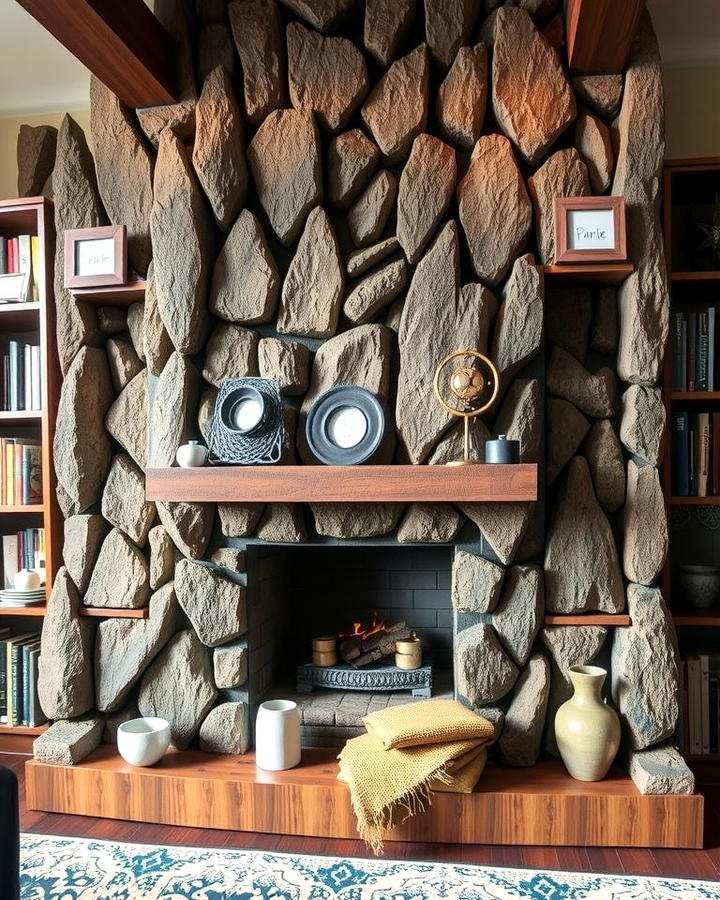 River Rock Fireplace with Built In Shelving - 25 River Rock Fireplace Ideas