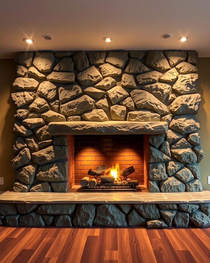 River Rock Fireplace with Recessed Lighting - 25 River Rock Fireplace Ideas