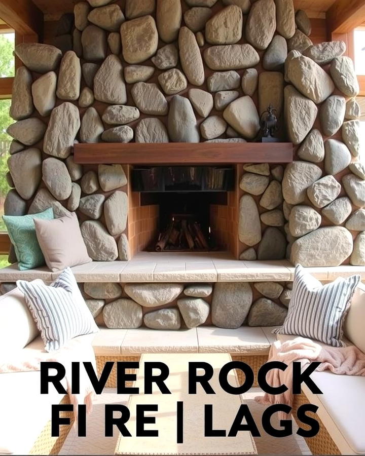 River Rock Fireplace with a Built In Hearth - 25 River Rock Fireplace Ideas