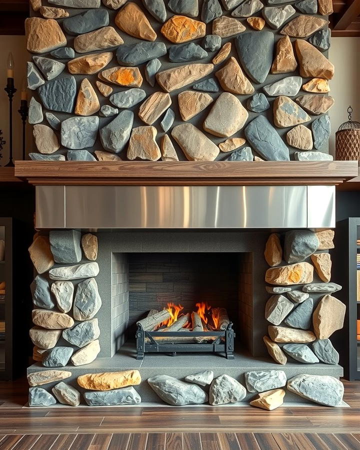 River Rock Fireplace with a Metal Accent Mantel - 25 River Rock Fireplace Ideas