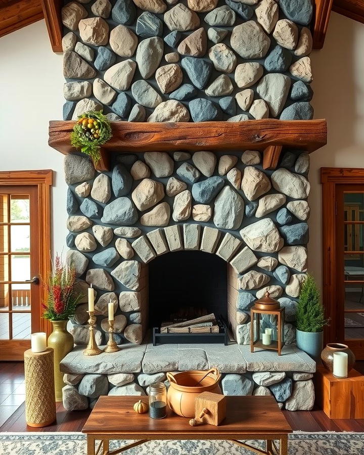 River Rock Fireplace with a Timber Mantle - 25 River Rock Fireplace Ideas