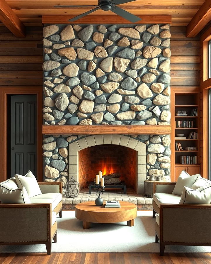 River Rock and Reclaimed Wood Combination - 25 River Rock Fireplace Ideas