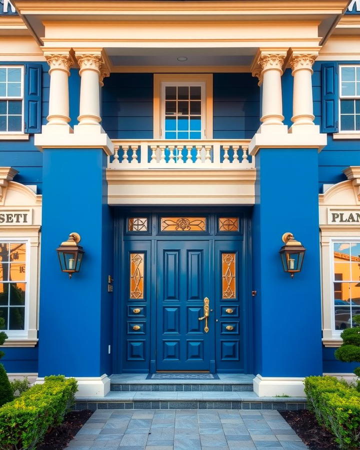 Royal Blue with Cream and Bronze Details - 30 blue exterior house paint ideas