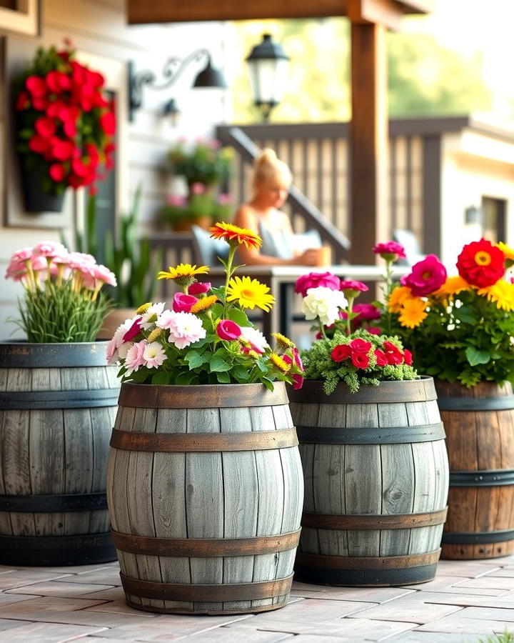 Rustic Barrel Planters - 30 Farmhouse Patio Ideas