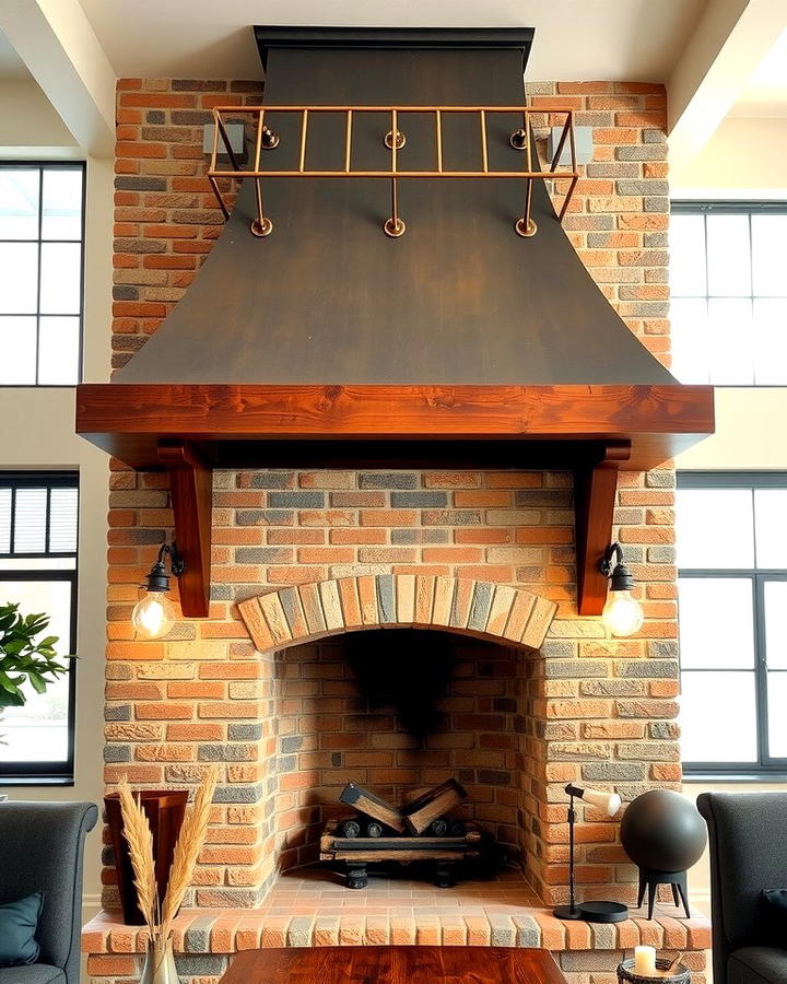 Rustic Brick Fireplace with Rustic Metal Hood - 25 Rustic Living Room With a Brick Fireplace Ideas