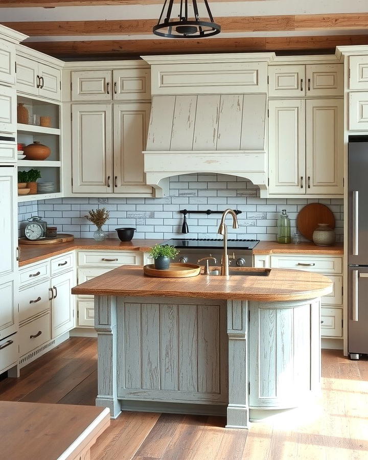 Rustic Charm with Distressed Finishes - 25 White Kitchen Cabinets With Grey Island Ideas