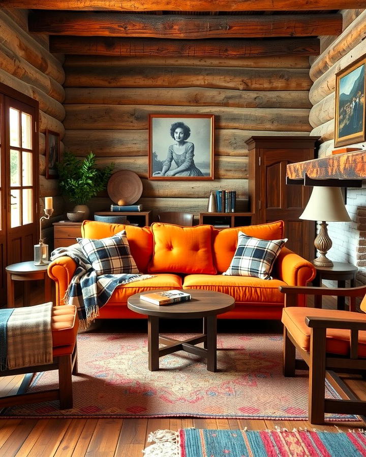 Rustic Charm with Warm Wood - 25 Orange Couch Living Room Ideas