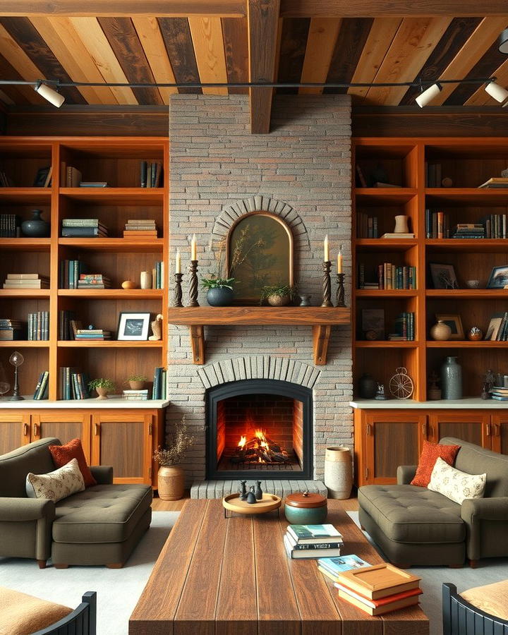 Rustic Charm with Wooden Shelves - 30 Fireplace With Bookshelves