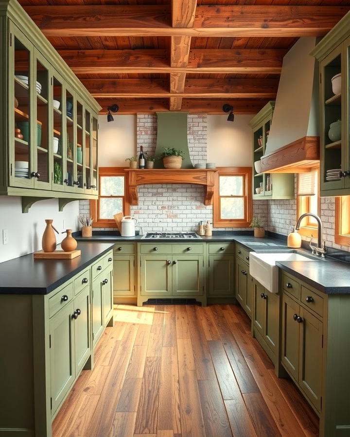 Rustic Farmhouse Charm - 30 Green Kitchen Cabinets With Black Countertops