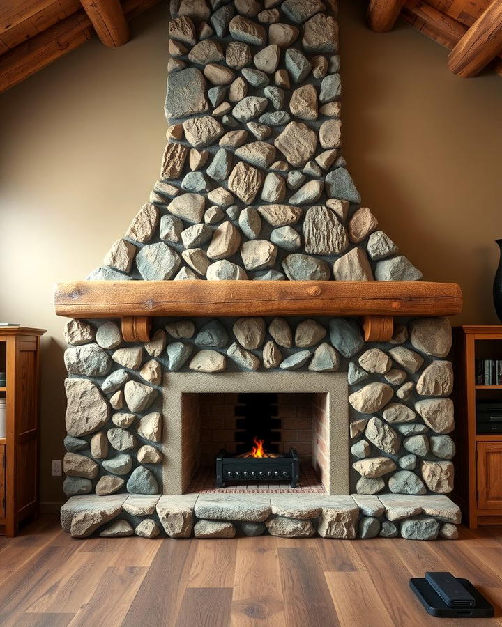 Rustic River Rock Fireplace with Wooden Mantel - 25 River Rock Fireplace Ideas