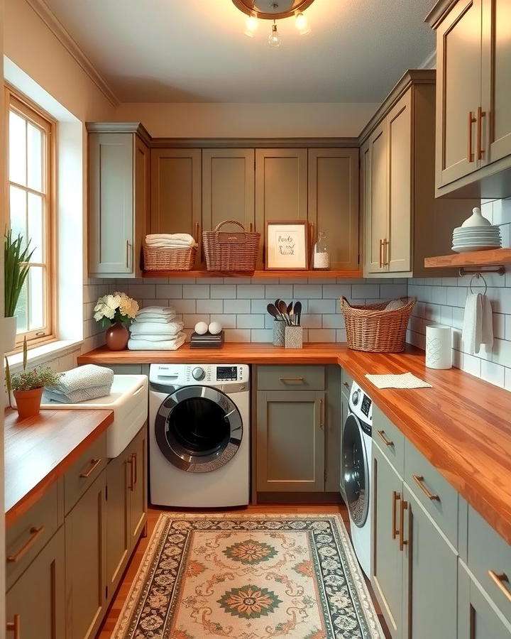 Rustic Sage Green Cabinets with Wooden Countertops - 25 Sage Green Laundry Room Ideas