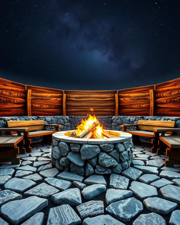 Rustic Stone Fire Pit with Wooden Benches - 25 Rock Fire Pit Ideas