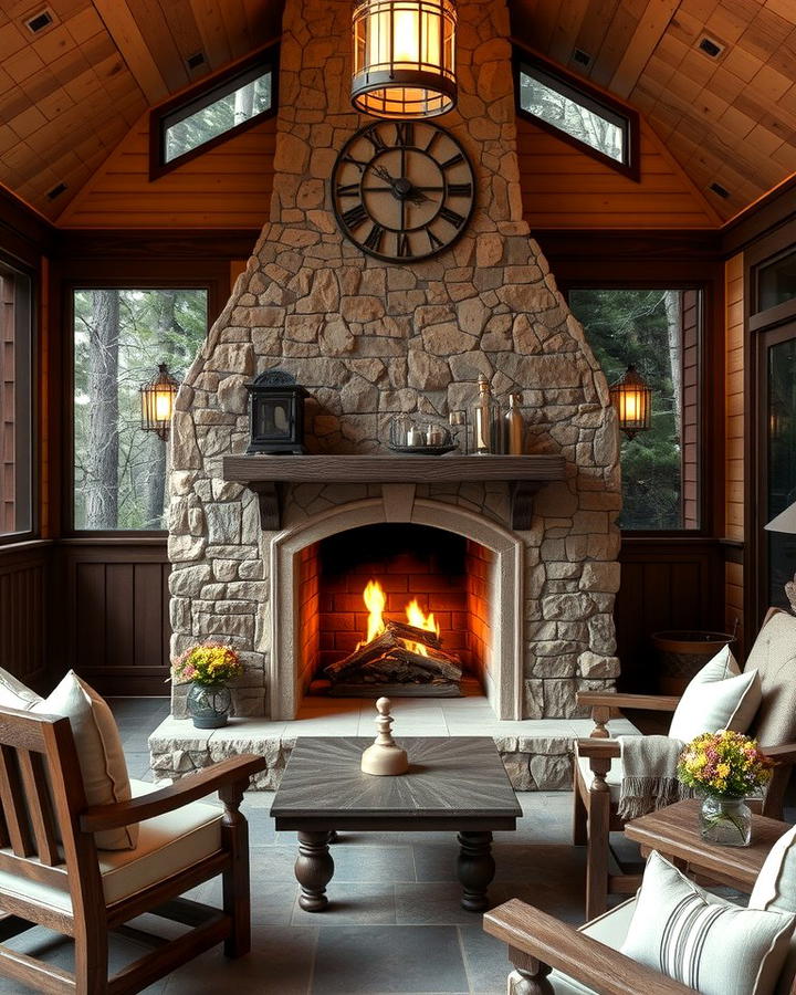 Rustic Stone Fireplace Charm - 25 Screened-in Porch With Fireplace Ideas