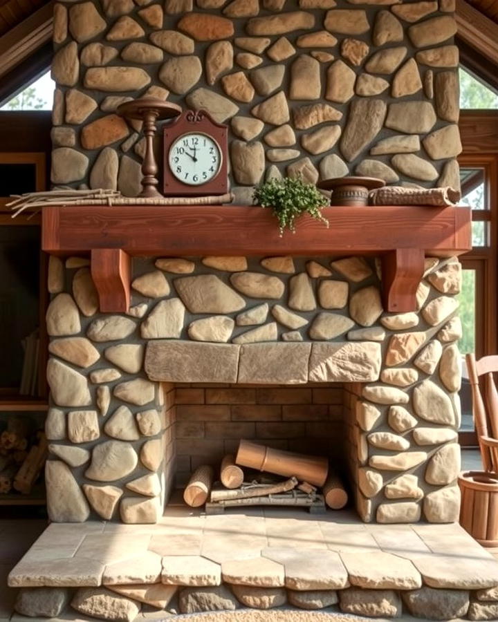 Rustic Stone Fireplace with Wooden Mantel - 25 Outdoor Fireplace Ideas