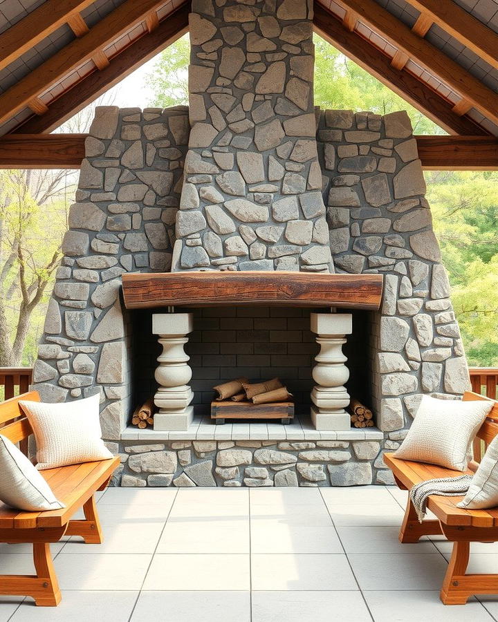 Rustic Stone Fireplace with Wooden Seating 2 - 25 Outdoor Corner Fireplace Ideas